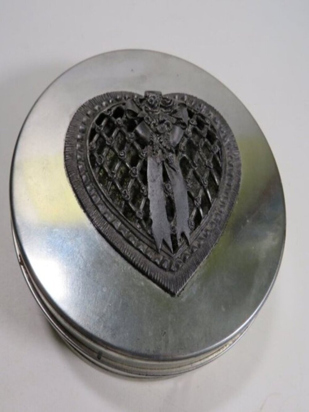 Vintage Metzke Heart Trinket Box Pewter Finish Intricate Rose & Lattice Fretwork